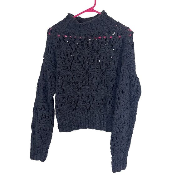 Sweater S Black Knit Cable Fisherman Old Money Preppy Neutral Boho Cropped 80s - Picture 5 of 7